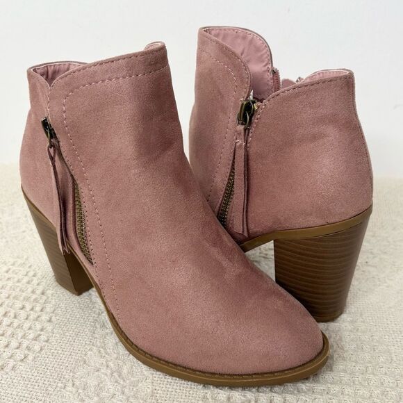 TOP Moda Shoes - Top Moda Pink Ankle Boots Faux Suede Block Heel Almond Toe Size 6.5